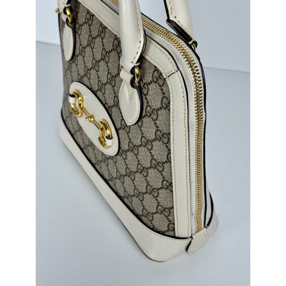 Gucci Horsebit 1955 Top Handle Bag in GG Canvas with White Leather Trim D-9 - Picture 9 of 16